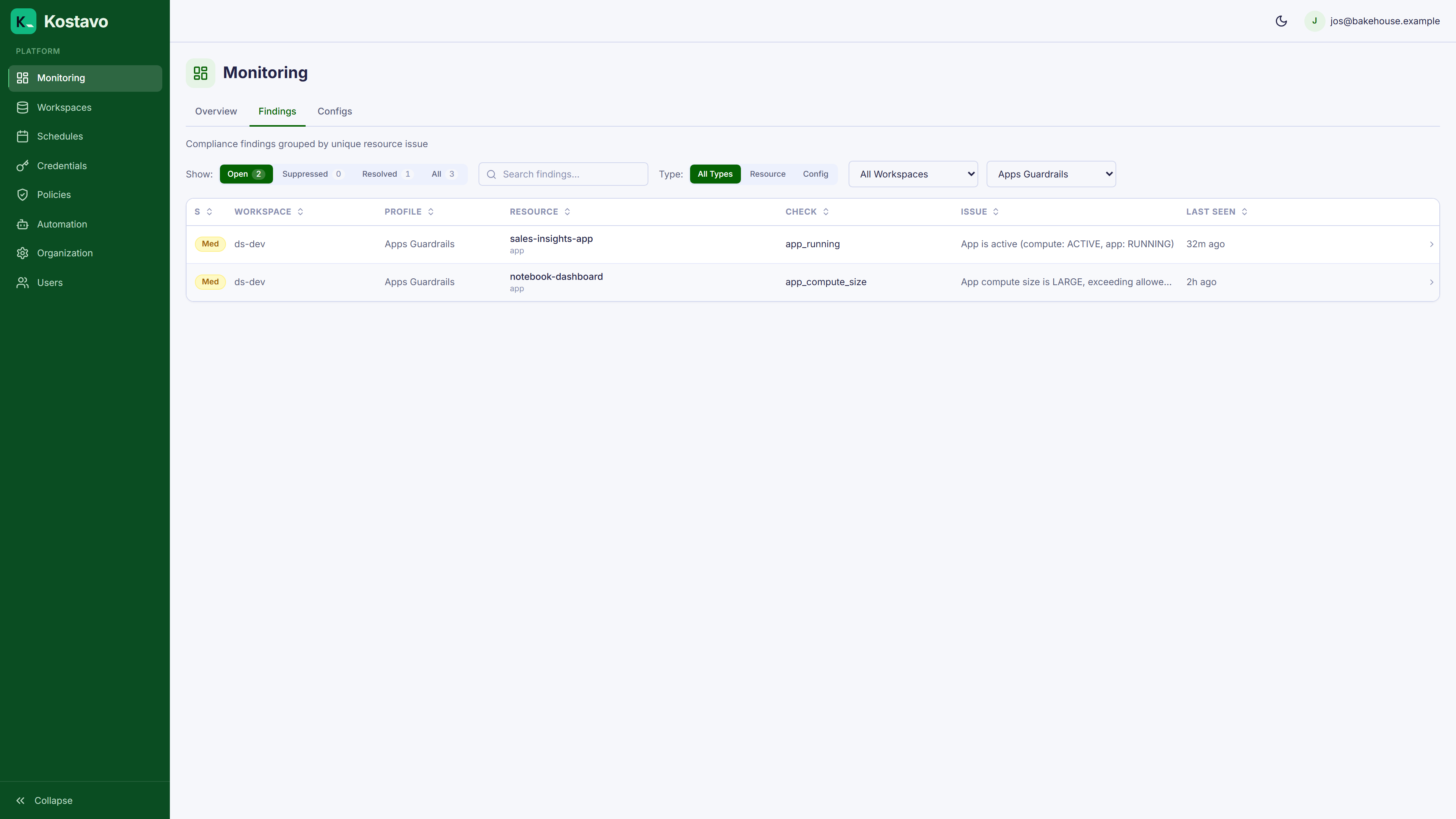 Kostavo findings for Databricks Apps