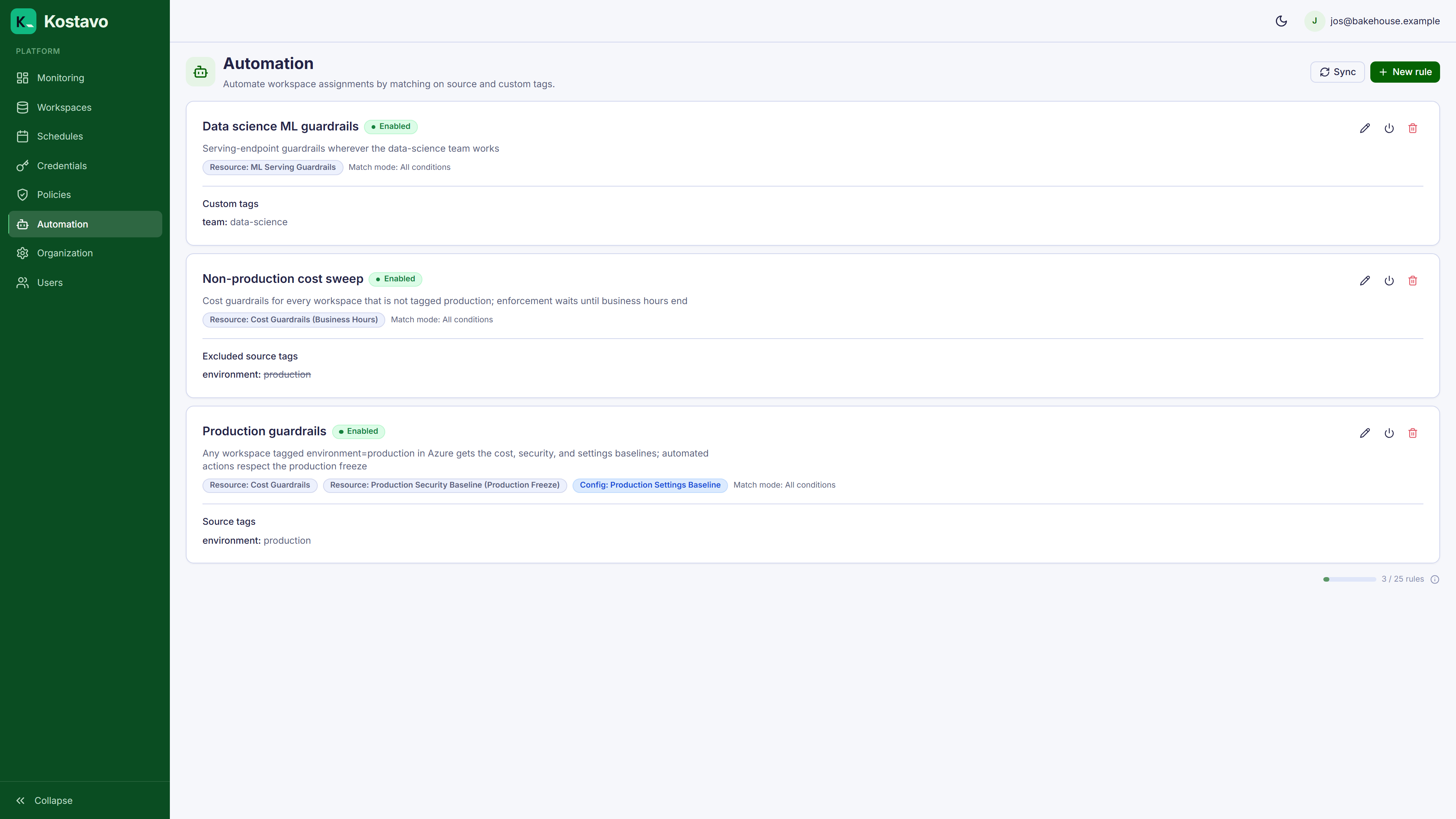 Kostavo tag automation rules assigning policy profiles by workspace tags
