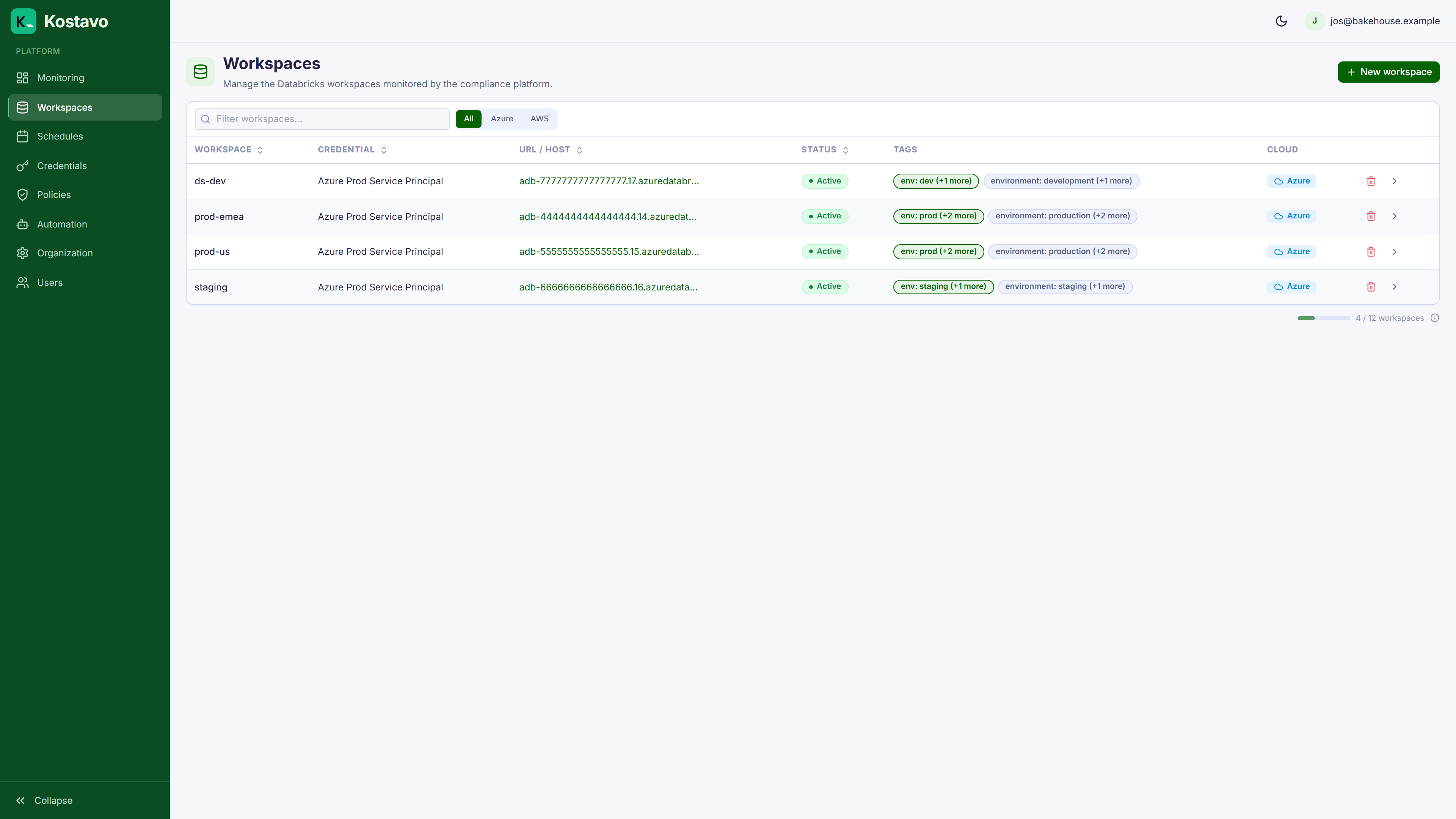 Kostavo workspaces list with Azure Databricks hosts and regions